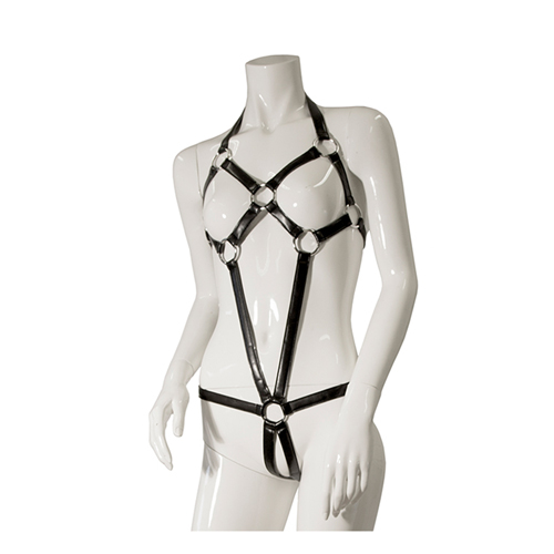 Guilty Pleasure - GP Datex geschnürter Bodysuit mit O-Ringen L/XL