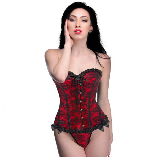 Master Series - Scarlet Seduction Spitzenkorsett & Tanga - Schwarz/Rot Large