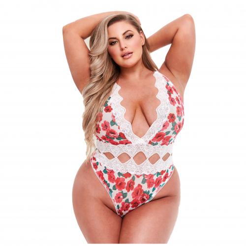 Baci Lingerie - Baci - Weißer String-Spitzen-Bodysuit mit Blumenmuster - Für Kurven Queen Size (46 - 52)