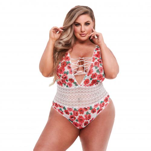 Baci Lingerie - Baci - Weißer-Spitzen-Teddy mit Blumenmuster und Schnürung - Für Kurven Queen Size (46 - 52)