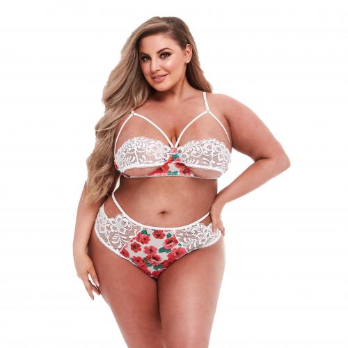 Baci Lingerie - Baci - Weißes Spitzen-BH-Set mit Blumenmuster und Slip mit hoher Taille - F Queen Size (46 - 52)
